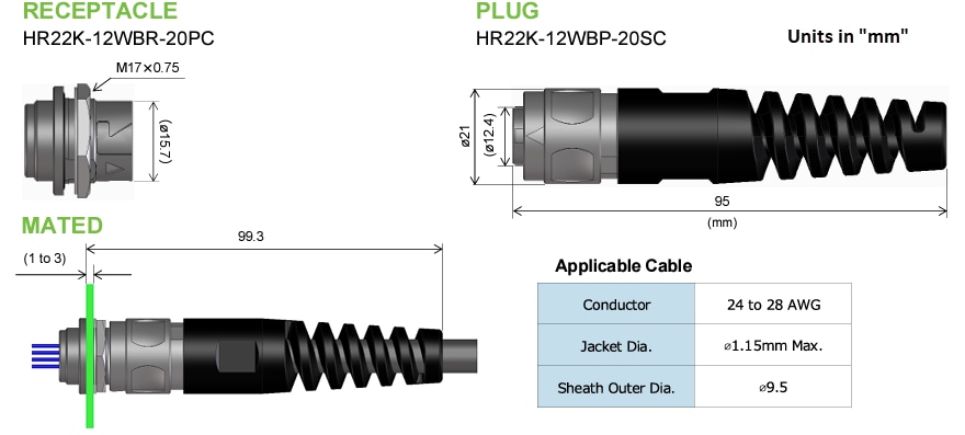Plan mécanique - Hirose Electric Connecteurs à baïonnette à pression HR22K
